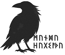 Logo, the silhouette of a raven with the Elder Futhark runes saying Mundu Hugsaðu